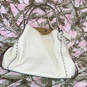 Coach Cream/White Signature Embossed Leather Tote
